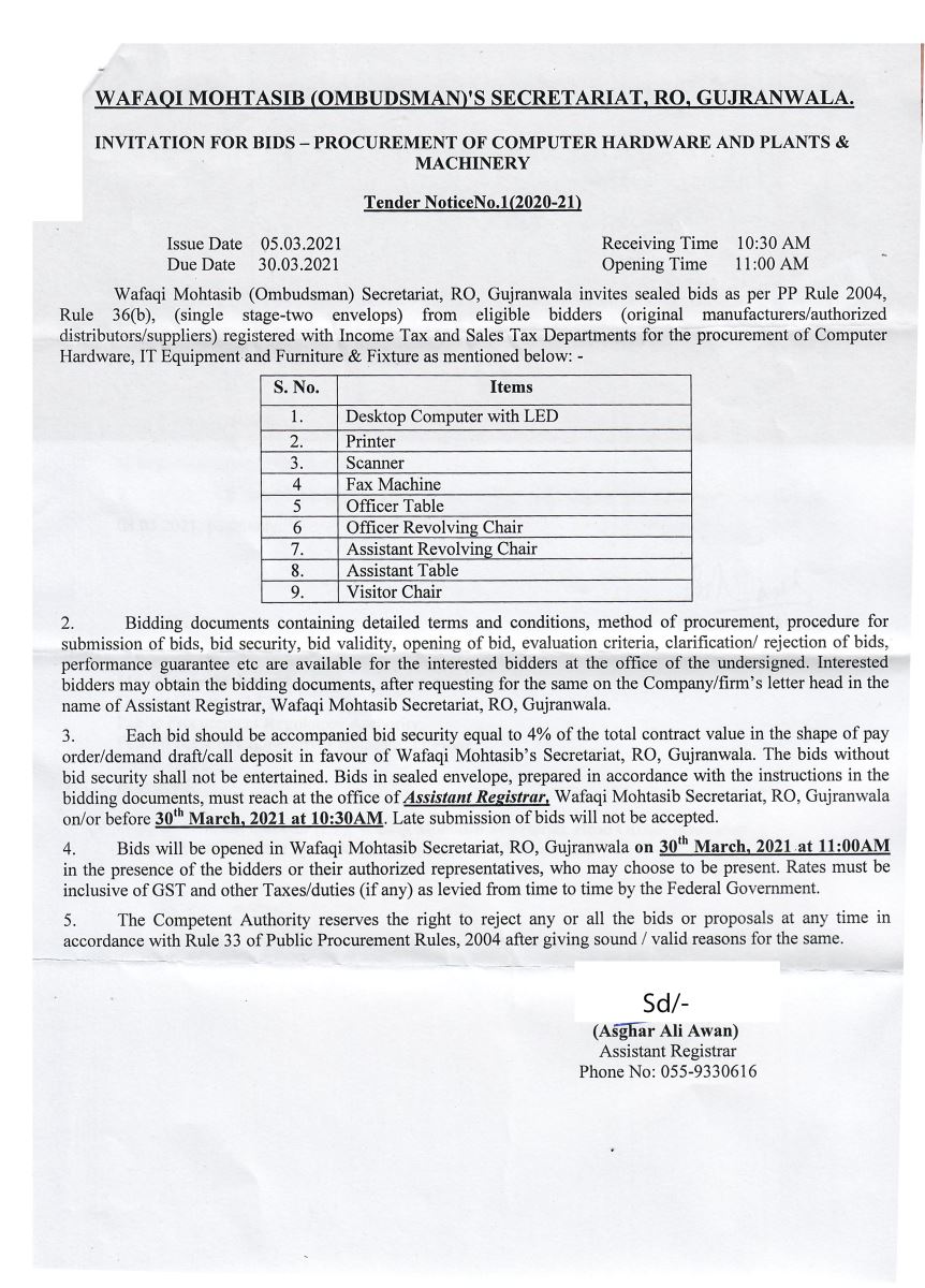 Tender of WMS Regional Office Gujranwala