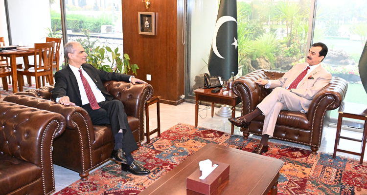 The Wafaqi Mohtasib, Mr. Naveed Kamran Baloch calling on the Chairman Senate, Syed Yousaf Raza Gilani at the Parliament House on 07.04.2026.