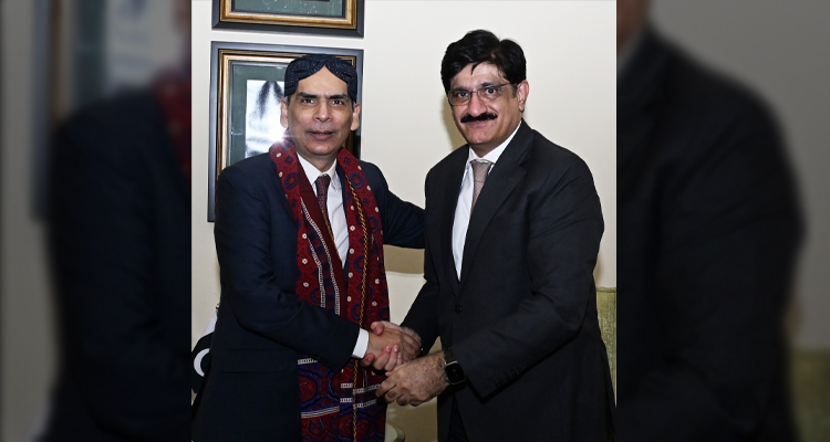 The Federal Ombudsman, Mr. Naveed Kamran Baloch shaking hands with Chief Minister Sindh, Syed Murad Ali Shah as he paid a courtesy call on 27.03.2026.